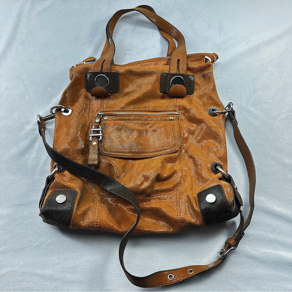 B. Makowsky Shoulder Bag Crossbody Genuine Leather Shimmer Womens Brown Large